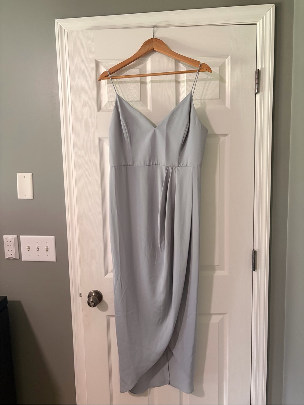 Shona Joy Light Gray Satin Midi Slip Dress with Tulip Skirt